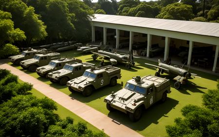 panorama,A serene afternoon at the War Remnants Museum, showcasing vintage military vehicles and aircraft in a sunlit courtyard. The lush gardens and historical artifacts create a contemplative atmosphere, inviting reflection on the city's complex past,, sweeping landscapes, unique perspectives, epic scale, revealing hidden beauty, showcasing vastness, immersive experience, precise compositions, expert piloting, dynamic angles, cinematic storytelling, showcasing natural wonders, aerial exploration