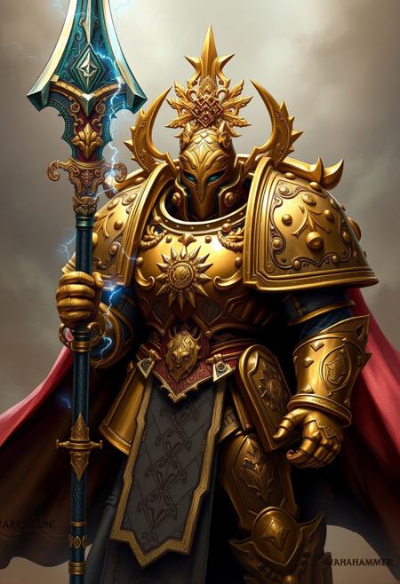 Adeptus Custodes warrior in Warhammer 40,000. They're imposing figures, clad in intricately crafted gold armor adorned with Imperium symbols. Their golden armor gleams with regal ornamentation, with a stoic yet fierce gaze behind their ornate helmet. They wield a Guardian Spear, crackling with energy, and wear a billowing cloak. Custodian Guards epitomize martial prowess and unwavering loyalty to the Emperor, serving as formidable protectors against chaos and heresy.