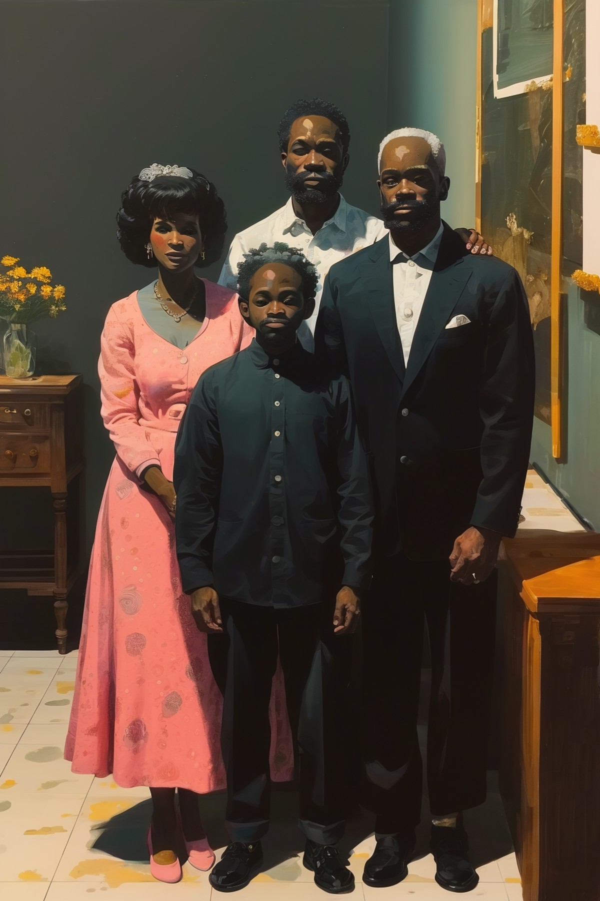masterpiece,best quality,<lora:tbh268-:0.8>,illustration,style of Kerry James Marshall portrait of family