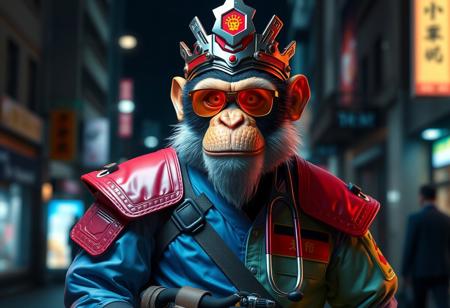 Create a hyper-realistic, full-body artwork of the Cyber Laser monkey king, inspired by Sheng Mao and Heonhwa Choe, with a focus on vibrant colors, smooth gradients, and high contrast. The character should be set against an Earthbound Release background with street lighting. Include a wide belt and a stethoscope as key details. The artwork should adhere to the golden ratio and feature intricate, detailed textures. Use Unreal Engine 5, Octane Render, or Redshift render to achieve a photorealistic quality. The final image should be 8K resolution, with a clear, sharp focus and dramatic lighting. Incorporate a sense of urban patrol, with the character exuding a playful and cheerful demeanor.