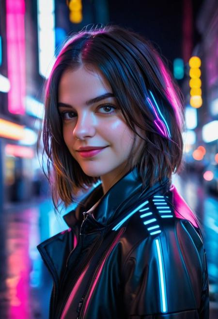 Visualize a professional, (Utopia_city:1.5), (Smile:1.5),high-resolution, mid-body portrait that brings to life the nuanced realism of a young woman with Android characteristics (with a car ((Toyota Calya)):1.0), amidst the distinct ambiance of a Utopia city. This photograph, captured with an advanced digital SLR camera, is renowned for its exceptional detail resolution and depth of field capabilities. Special attention is given to the woman's skin and eyes, aiming for an unparalleled level of realism that highlights the texture of her skin and the depth of her eyes, making them the focal points of the composition. The wide aperture setting ensures the subject is crisply in focus, with the city's neon-infused backdrop beautifully blurred, providing a contrast that accentuates the subject's features. The selection of the scene demands creativity and diversity, moving away from clichd representations to capture unique moments within the cyberpunk setting that are rich in detail and emotion. Advanced lighting techniques are employed to illuminate the skin and eyes vividly, showcasing the interplay of light and shadow that defines the contours and expressions. The aim is to create a portfolio of images that explore a variety of scenarios, expressions, and compositions, each telling its own story of the symbiosis between human and technology in a future world."8k,35mm, fflixdocphoto