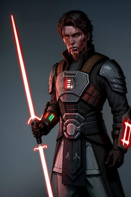 A male Star Wars Old Republic ancient Sith sorceror (Sith Pureblood) with cheek and chin tentacles, he is wielding a red lightsaber, perfect hands, perfect anatomy, best quality, expressive eyes, perfect face, whole/entire character is in composition, full figure is in shot, volumetric lighting, detective short stories, dime detective, spicy adventure, vice squad detective, uncanny tales, thrilling mystery, terror tales, startling mystery, horror stories, dime mystery, sd-pulp, grungy cyberpunk, atmospheric, cinema quality still shot, 8K Ultra, particle effects filter, lifelike, photo, hyperrealism, high accuracy, high fidelity, details ++, realistic, practical creature special effects, HD camera view, Colored Skin, Red skin, yellow eyes, Angular Jaw, Sithpureblood, light_saber,
