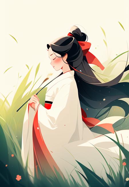 gfbpch, 1girl, closed eyes, hanfu, long hair, black hair, blush, grass, profile, bow, wide sleeves, hair bow, white hanfu <lora:MW_å½é£æå¹³æç»_v1:0.8>