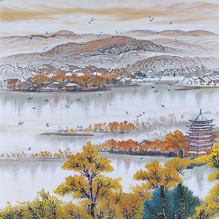 ((materpiece)), ((best quality)), ((high-res)), ((Ink wash)),  ((artist)), ((extremly details)), a chiniese tower, autumn, golden trees, autumn_leaves, birds chinese painting, leaf, maple_leaf, mountain, lake, mountainous_horizon, no_humans, outdoors, scenery, sky, sunset, tree, zulishisong_style_willow_tree, blurred distant scenery, <lora:zulishisong:1>