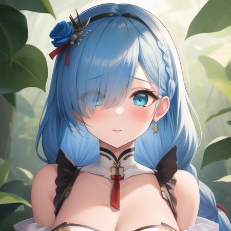 (masterpiece, best quality:1.2),illustration,8k,hd,1girl,solo,upper body,(portrait:1.2),janus (azur lane),blue eyes,blue flower,blue hair,blue rose,blush,braid,frilled dress,frills,hair ornament,hair over one eye,hair ribbon,light blue hair,long hair,medium breasts,mini crown,red ribbon,twin braids,white dress,white legwear,white ribbon,<lora:Janus(azur)>,