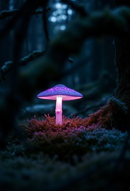Photorealistic film image: A mushroom, emitting a supernatural violet glow,  sprouts form  the frozen moss in the dense, dark forest in winter. Our view is partially obscured by heavy branches, shaggy with moss. Shallow depth of field.