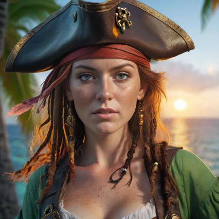 ((best quality)), ((masterpiece)), ((realistic)), (detailed), portrait, close up, female pirate, freckles, green eyes, highly detailed skin, looking at the viewer, stunning gradient colors, detailed background, tropical island, closed mouth, insanely detailed, sunset, ((masterpiece)), 8k,  upper body