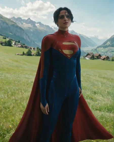 50mm lense 8k  portrait shot of solo  DCEU Sashe Calle Supergirl, <lora:Supergirl:1>, with a  cape she is standing  outdoor on Meadow Grassland of a village in Switzerland Valley. Sunny day, natural light over her body, hard shadows over her face, Day Time, Afternoon Time, 8k texture suit, 8k quality shot