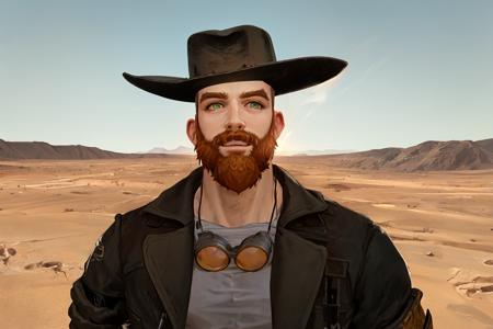 1boy, solo, handsome man, ginger beard, cowboy hat,  illustration, drawing, professional, defined shadows, accurate figure, easthetically pleasing, correct hands, post apocalyptic, desert wasteland background, best quality, portrait, (masterpiece, top quality, best quality), trending on artstation, artstation,  <lora:cragsand:0.70>, looking at you, portrait, green eyes, fighting pose, firsts raised, shirtless, smithing