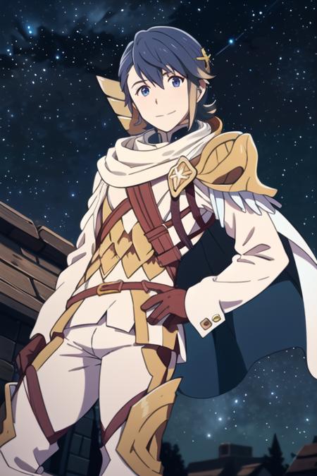 best quality, masterpeice, 1boy, alfonse \(fire emblem\), fire emblem, fire emblem heroes, blue hair, black hair, blonde hair, gradient hair, two-tone hair, short hair, hair between eyes, hair ornament, blue eyes, facing viewer, looking at viewer, happy, light smile, armor, scale armor, scarf, white scarf, pauldrons, single pauldron, gloves, leather gloves, brown gloves, pants, white pants, boots, chest strap, thigh boots, solo, solo focus, cape, outdoors, (night:1.3), (night sky:1.3), cloud, starry sky, cowboy shot, hand on hip, simple background,