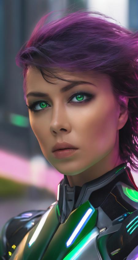 photo of samburskaya, closeup, solo, purple hair, green-hazel eyes, epic, dramatic,
middle shot, closeup, detailed background, hyper realistic,
(surveillance footage:0.6), 
(envision her technologically advanced suit,fists glowing with cosmic energy,and her determined expression encapsulate a warrior's quiet moment before the storm:0.7), (synthwave:0.6), 500px, Tanga, medium hair,  (salaryman:0.6), 
detailed background, colossal, (zany:0.8), <lora:samburskaya_sdxl_vanilla_1.0:1>