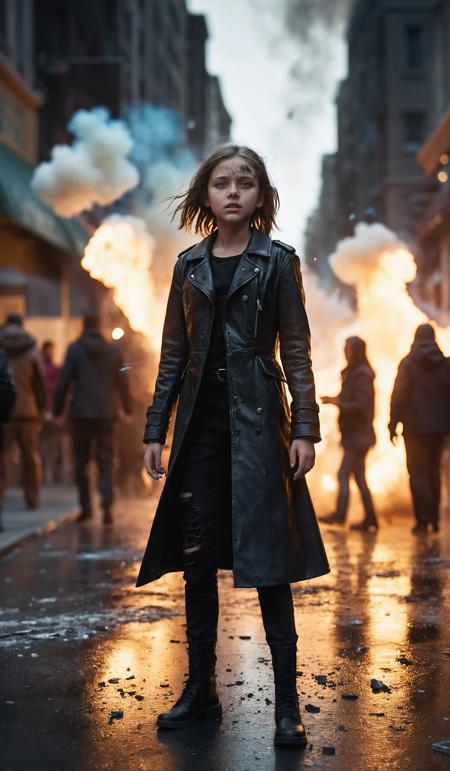 Dynamic angle close-up shot of a young girl dressed in black standing still while a crowd is rushing through a street with motion blur, noir, (alien apocalypse in background, chaos, explosions, sparks, reflections, shattered glass, smoke, thick air:1.3), cinematic look, film, breathtaking photograph, award-winning, professional, dlsr, dramatic light, highly detailed . 35mm photograph, 4k, vivid colors, focus stacking, shot on hasselblad, split lighting, extreme colors, <lora:add-detail-xl:1>, <lora:SDXLHighDetail:0.5>
