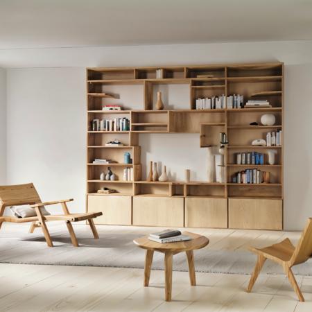 a modern room with a bookcase,  <lora:Ahn:1>, (pine wood theme:1.3)