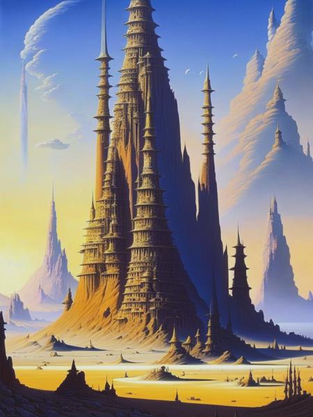 <lyco:RodneyMatthews:1.0> an impossibly tall tower in an empty desert, painting by rodney matthews