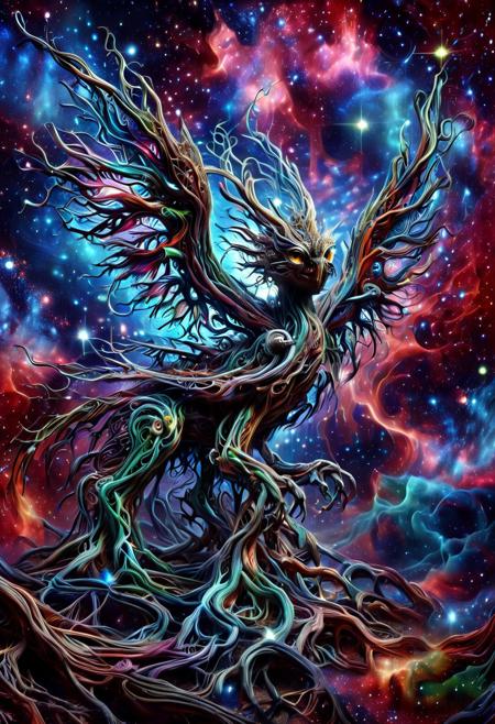 Ever Growing Connections, vibrant colors, vivid colors, creature made out of morph-treeroots, luminescent, large eyes, sharp teeth, wings, dramatic, galaxy fantasy colors, Masterpiece, best quality, amazing quality, volumetric lighting, SFW, exquisite detail, digital art, highly detailed, beautiful, surreal,
