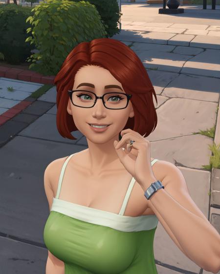 (masterpiece, best quality, high resolution:1.3),  <lora:el1z4TS4:0.8> el1z4ts4, short auburn hair, rectangular black-framed glasses, bracelet, ring, green camisole, outdoor scene, suburban town square, upper body, looking at viewer, smile