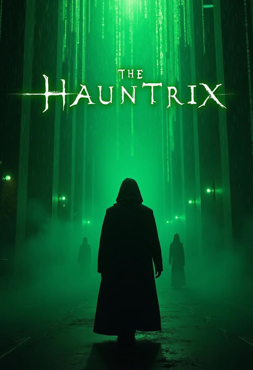 Create an image of a movie poster, movie title above "The Hauntrix", parody of The Matrix, Halloween Themed, digital ghost world, spooky code, floating figures, dark rain, cursed agents, eerie green glow, spectral illusions