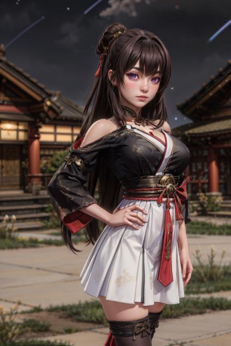  Han Youyou, purple eyes, brown hair, long hair, hair ornament,  Han Youyou, purple eyes, brown hair, long hair, hair ornament,  black kimono, obi, Japanese clothes, single thighhigh, 