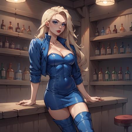 hud_blu_lthr, strapless blue leather short dress, blue leather cropped jacket, cleavage, breasts, thigh boots
