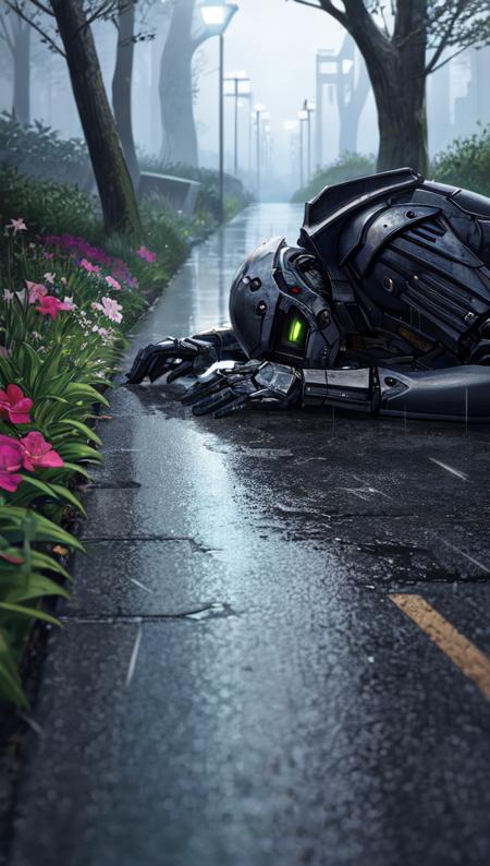 Masterpiece, best quality, 1man, male, solo, crying, tears streaming, face, on stomach, on ground, extreme close-up, looking away, cracked skin, turning to dust, mechanical limbs, glowing eyes, black armour, close-up, cyberpunk city street, pavement, neon lights, rain, reflections, puddles, trees, flowers, forest, bushes, hyperrealistic, detailed background, depth of field, rimlighting, specular highlights, bloom, atmospheric lighting