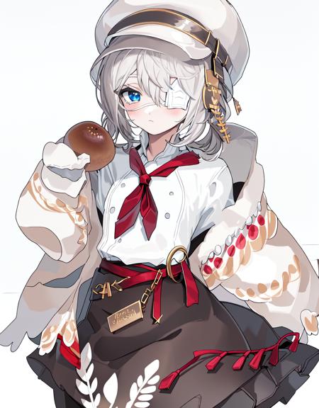 masterpiece, <lora:bakery sissela:1>, 1girl, blue eyes, solo, food, hair over one eye, (((white pantyhose))), hat, white background, white hair, skirt, neckerchief, simple background, white headwear, looking at viewer, holding, long sleeves, shoes, twintails, sleeves past wrists, shirt, brown skirt, ((upper body)), brown footwear, bangs, black skirt, cute