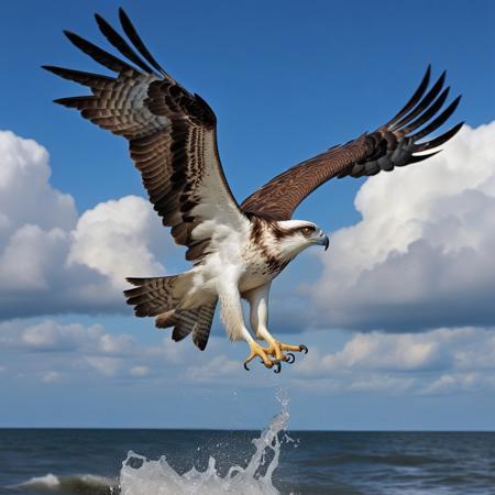 osprey eagle in flight rushing into the sea, blue sky background with cumulo-nimbus cloud, photography very realist