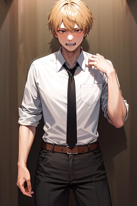 masterpiece, best quality, highres, dja, black necktie, white shirt, collared shirt, sleevesa rolled up, black pants, belt, short hair, <lora:denji_v2:0.6>, cowboy shot, sharp teeth,