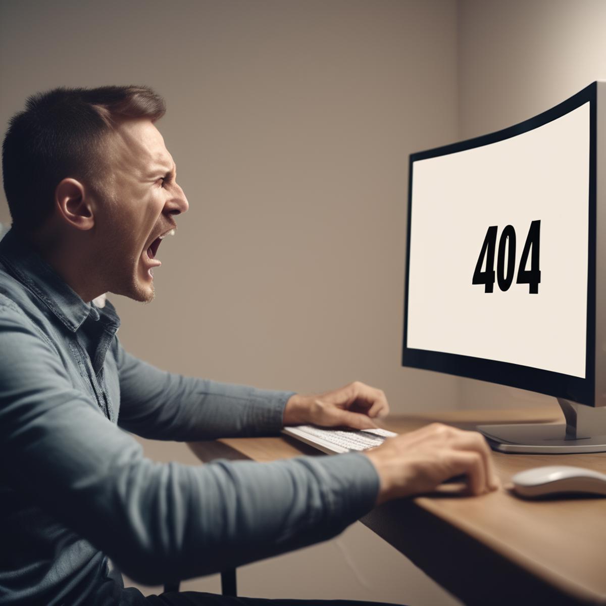 A man yelling in front of a computer with a 404 error on the screen.