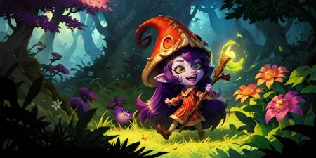 HEZI, LOL, \\\(lol style\\\), game cg, lulu \(league of legends\), 1girl, purple hair, staff, hat, nature, forest, green eyes, open mouth, flower, long hair, yordle, tree, purple skin, colored skin, animal ears, smile, very long hair, witch hat, grass, mushroom, pointy ears, tongue, fairy, dress, teeth, plant, ears through headwear, holding, holding staff, outdoors, :d, vines, red dress, fangs, solo<lora:LOLè¾æ¬§å°¼äº(8bit)2-000008:0.7>,