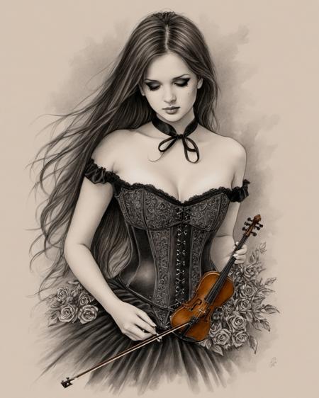 (traditional painting), (drawing), (traditional illustration), (pencil style), (hand drawn with charcoal), (traditional media),
monochrome, sketch
1girl, solo, violin, instrument, long hair, cleavage, breasts, choker, dress, medium breasts, brown hair, bare shoulders, black hair, makeup, lips, tears, corset, flower
 <lora:Victoria_Frances_v2_XL:1>