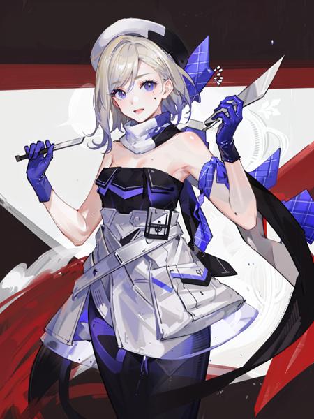 jean bart \(kancolle\), 1girl, solo, gloves, hat, dress, beret, multicolored clothes, mole under eye, strapless dress, strapless, black gloves, mole, scarf, multicolored scarf, white headwear, multicolored gloves, white dress, breasts, two-tone dress, bare shoulders, gradient, looking at viewer, belt, outdoors, nature, blue sky, mole under mouth, pantyhose, cosplay, multicolored dress, cowboy shot, simple background, two-tone gloves, original, intricate detail, illustration, masterpiece, extremely detailed CG unity 8k wallpaper, highlight, sharpening, dynamic,  <lora:JeanBart:0.5>