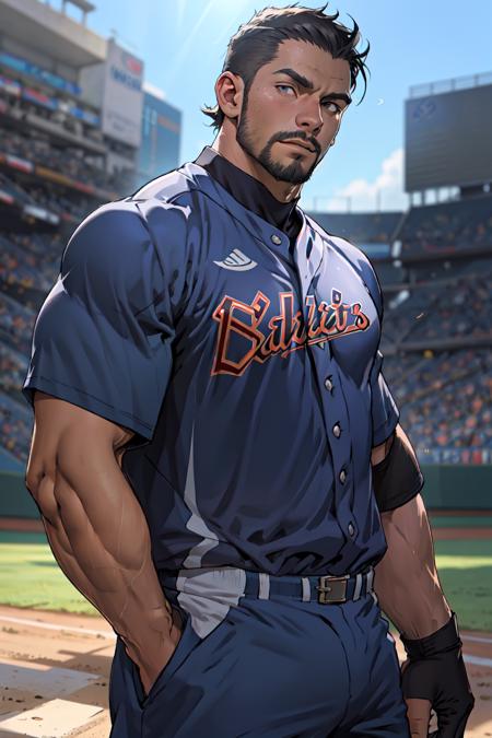 Best quality, masterpiece, expressionless,ultra high res,detailed background,realistic,1man,solo,male,muscular,mature male,short hair,facial hair,baseball uniform,real shadow and light,depth of field,