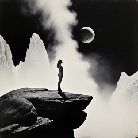 masterpiece, ultra-detailed, realistic, 1980s sci-fi movie style, ((vintage film look:1.2)), ((white female figure:1.3)) standing prominently, taking up two-thirds of the composition, on a (rugged rock formation:1.1) against a (dark cosmic vacuum:1.1), minimal stars, (large textured planet:1.1) partially obscured by (grainy mist:1.2), (high contrast:1.2), hues of red, white, and black, (retro aesthetic:1.2), (slightly faded:1.1), (grainy texture:1.2), (cinematic lighting:1.4)