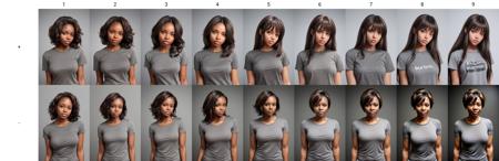 photo of a black woman, brown hair, upper body, grey t-shirt, looking at viewer, simple background, grey background<lora:age_slider_V3:+1>