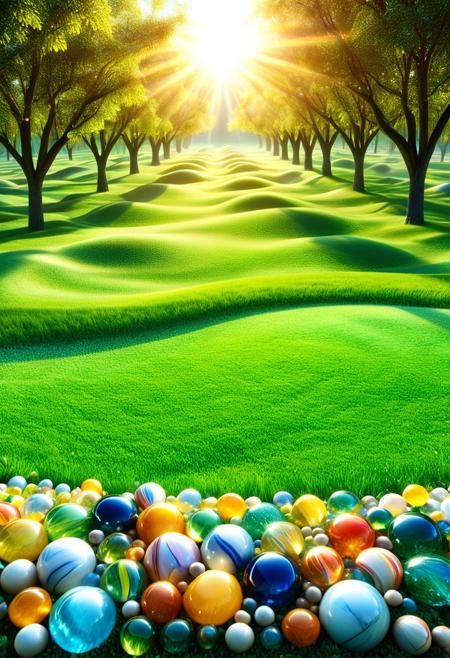 (((reality-shot, realism, realistic photography of a sprawling meadow transformed into a marblescape, grass replaced by smooth glassy spheres shimmering with iridescent hues, trees bearing branches laden with oversized marble fruits, sunlight refracting through the translucent terrain, whimsical art style, opalescent theme, intricate details, ultra sharp, exquisite detail, flawless composition, vivid colors, masterpiece, crystalline serenity lora:marbles_world:1 )))