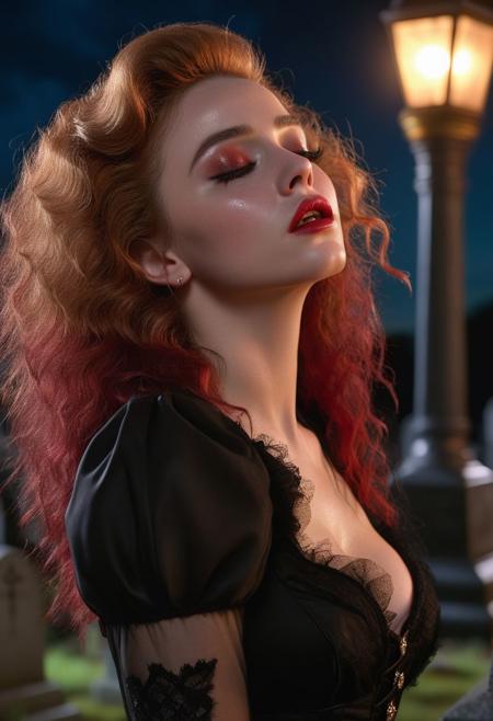 Raw, professional photography, maximum detailed, photorealism, hyperdetailed illustration, highly resolution quality and details, 8k uhd,rating_explicit, a photo , realistic, irl, raw,photorealism, perfect background, Kathryn Newton at night in a graveyard bye a tombstone kissing frankenstein, 80's hair, frizzy big hair, red highlights in brown hair, 80's black goth dress, heels, beautiful eyes, eyes closed, nipples exposed, realistic, outstanding, detailed lighting, telephoto lens, facing viewer, posed seductively,looking at camera, view from the side sweaty face, sweaty skin, undressed, detailed background, Perfect Hands, perfect feet,thick dark eye makeup, eye shadow, strawberry lipstick, <lora:Perfect Hands:1.2><lora:add-detail-xl:1> by Lisa holloway
Hide