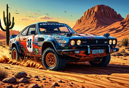Finely detailed vector illustration, classical sports car, modified for rally raid, desert snake, symbiosis, sunset, high velocity, desert, ultra realistic quality, hyperdetailed, intricately detailed,  triadic colors,fantastical,intricate detail,splash screen,complementary colors, fantasy concept art, 8k resolution, masterpiece, oil painting, thick strokes, rich strokes, streakes, smudges