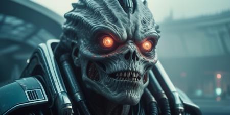 (retro futurism :1.5) monster, movie still, DOF, realistic, 8k detailed skin and hair, haze, halation, detailed, focus, fog, realism
