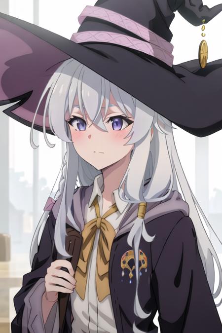 best quality, masterpiece, highres, solo, {elaina_majonotabitabi:1.15}, long_hair, bangs, hair_between_eyes, blue_eyes, closed_mouth, grey_hair, bow, white_hair, hat, witch_hat, black_headwear, purple_eyes, 1girl, collared_shirt, shirt, white_shirt, open_mouth, ribbon, yellow_ribbon, neck_ribbon, braid, looking_at_viewer, blush, portrait, robe, witch