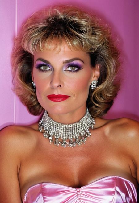 1boy,
A highly detailed best quality photography from the (year 1986:1.5) shows Debra, a slim (mature) American femboy in a contemporary bar room. He leans lasciviously on a stylish chaise longue, half sitting, half lying down and looks at the viewer with a demeaning and arrogant smile on his face. 
The androgynous face of the Sissy with (narrow-set) wide open light grey eyes, big (bent nose), (wide lower jaw) and an (underbite) is (odd) but tells the interesting story of a live. The aged skin is wrinkled and shows agespots.  The intricate wavy long white hair with (pink highlights) is elaborated. A heavy collar choker adornes the neck. He wears precious jewelry, Creole earrings and bangle bracelets. The stunning and extravagant (1980s style evening dress:1.5) results no cleavage because of a (flat chest:1.5). The 1980s style decadent and modern furnished room is painted in changing purple and silver colors. Futuristic wall lights create an intimate, subtle lighting atmosphere.