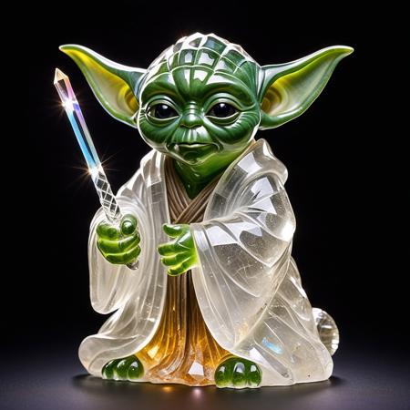 cs-cr1stal-v2, High-resolution image of a crystal figurine of Yoda from Star Wars, expertly crafted with clear, faceted crystal. The figurine captures Yoda’s wise and serene expression, with intricate detailing on his iconic robes and pointed ears. The crystal material refracts light, creating gentle rainbow prisms and enhancing the mystical aura of the character. The surface is a mix of smooth and textured crystal, highlighting both the softness of his facial features and the folds of his robes. The setting is a simple, dark gradient backdrop, allowing the crystal to sparkle under soft, focused lighting. The style is hyper-realistic, emphasizing light play, clarity, and the delicate craftsmanship of the figurine.