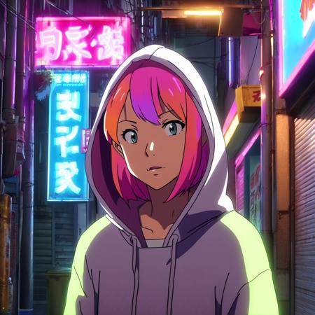 high-quality 4k hd anime screencap in mnst artstyle of a 31 year old woman with medium-length colorful hair wearing hoodie standing under a glowing neon sign in an alleyway