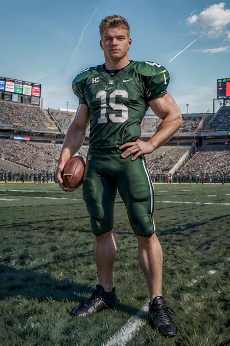 On a football field, holding a football, CFConnor, American football player wearing (apple green American football uniform), (((full body portrait))), full body shot, wide angle  <lora:CFConnor:0.8>