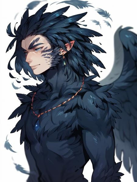 howl, solo, 1boy, blue eyes, black hair, jewelry, white background, uniform, hat, goggles on head,  howl, solo, 1boy, blue eyes, black hair, jewelry, white background, feathers, monster boy, wings howl, solo, 1boy, blue eyes, black/blonde hair, jacket on shoulders, jewelry,