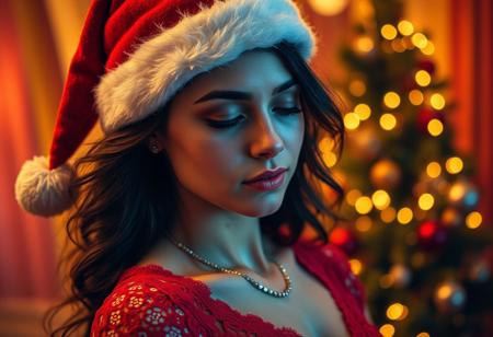 A stunning portrait photograph featuring a young woman with her eyes closed, thinking of someone special. The image is filled with vibrant colors, and the woman's red, lacey dress and has a necklace and she wearing a Christmas hat in hair,contrasts beautifully with the warm, golden tones of the background. The overall ambiance of the image is both intimate and powerful, capturing the essence of a deep emotional connection and there is Christmas tree also in background., fashion, photo, portrait photography