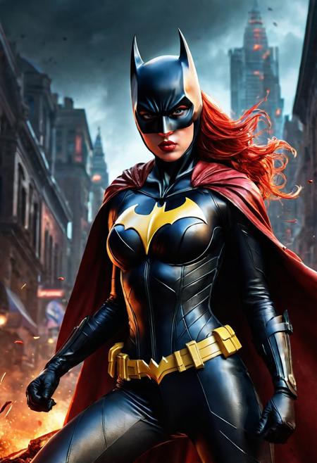 High resolution ultra-realistic of beautiful realistic Batgirl fighting against alien invasion, cinematic style, standing on a bloody and stormy battlefield in a fighting pose, bloody massacre, realistic modern combat costume, black mask, red cape, perfect athletic figure, wavy red hair, handsome dirty bloody face, beautiful perfect detailed pupils, wet oily shiny skin, covered in dirt and blood, beautiful firm Breasts, defiant and seductive, sexy 20 year old girl, 8k resolution concept art portrait by Greg Rutkowski, Dark Gotham City, Artgerm, WLOP, Alphonse Mucha, dynamic lighting, hyperdetailed, intricately detailed, Splash art trending on Artstation triadic colors, Unreal Engine, 5 volumetric lighting, Cinematic Lighting, intricate, smooth, sharp focus digital painting, Asymmetrical Balance, painting, dynamic lighting