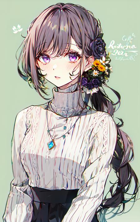 1girl, aran_sweater, bangs, black_flower, black_ribbon, black_rose, blue_flower, blue_rose, blush, bouquet, brown_hair, daisy, eyebrows_visible_through_hair, flower, green_background, grey_hair, grey_sweater, hair_ribbon, hjewelry, long_hair, long_sleeves, looking_at_viewer, necklace, parted_lips, pink_flower, pink_rose, ponytail, purple_flower, purple_rose, ribbed_sweater, ribbon, rose, sleeves_past_wrists, solo, sweater, tattoo, turtleneck, turtleneck_sweater, upper_body, white_flower, white_rose, white_sweater <lora:style_Akakura:0.8>