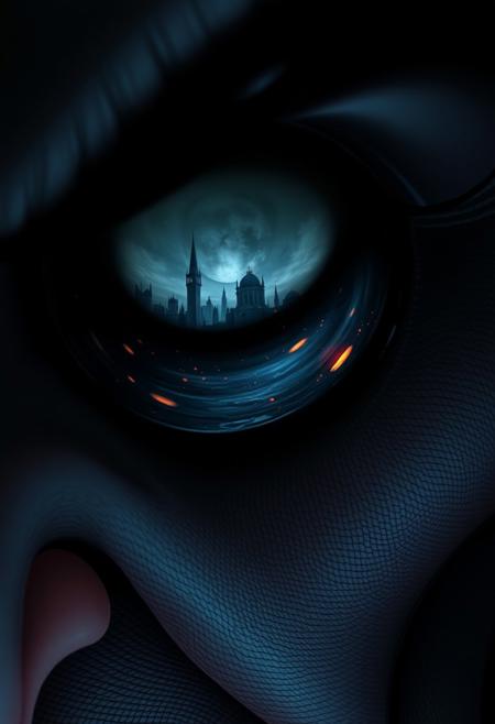 Villain's Sinister Gaze
- **Prompt**: "A close-up of a villain's eyes reflecting a scene of destruction and chaos. The villain's appearance is dark and gothic, inspired by Tim Burton, and the reflections capture the epic scale of George Lucas's worlds."
- **Refinement**: "Increase the detail of the destruction scene reflections, adding more elements of chaos, fire, and despair to emphasize the villain's sinister intentions."