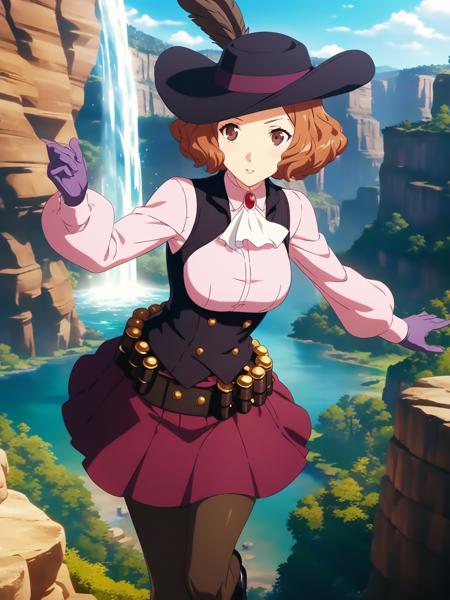 dsnoir, brown hair, short hair, brown eyes, pink shirt, ascot, skirt, vest, hat, hat feather, pantyhose, bandolier, purple gloves, 1girl, solo
BREAK
waterfall, canyon, cliffs, morning, sunny, awe-inspiring, picturesque, depth of field, cinematic, game cg, anime screencap, official art, masterpiece, best quality
<lora:dsharu_a3b:1>