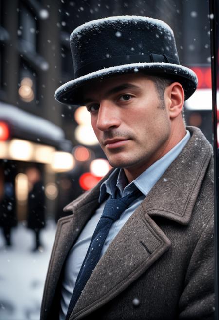 (close-up, portrait, solo, male), 1989 hasselblad portrait of a middle aged french businessman, overcoat, city street, soft lighting, sharp focus, skin texture, extremely detailed, snowing, winter,